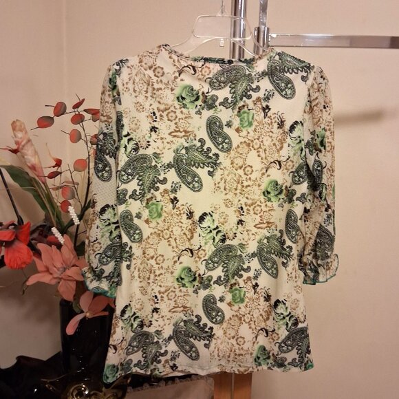 NWT Women's Teal Blue Beige Printed Lined Blouse ¾ Sleeve Pleated Top 8 M - Picture 9 of 9